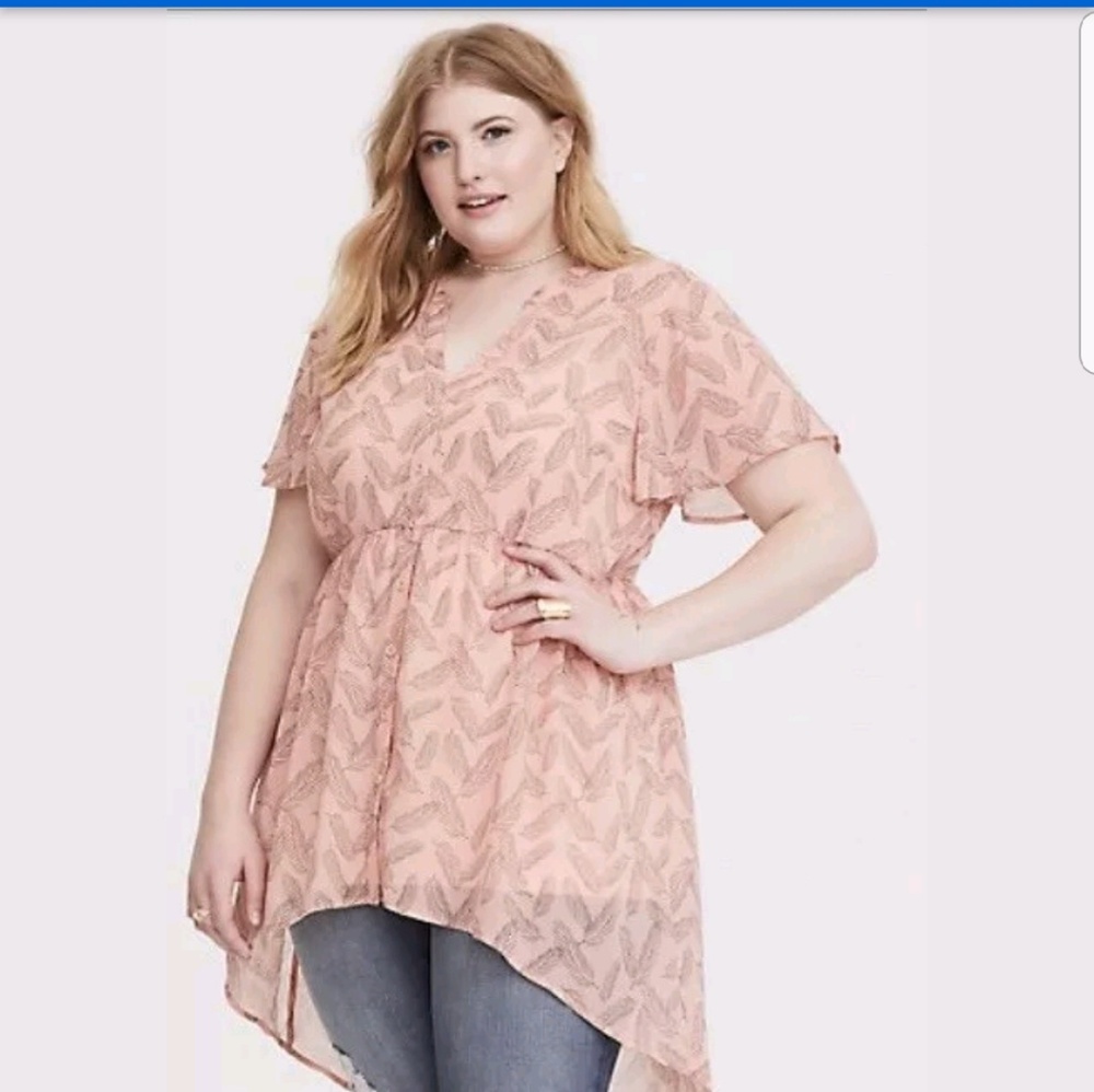 Torrid Pink Chiffon Feather Hi Lo Button down top